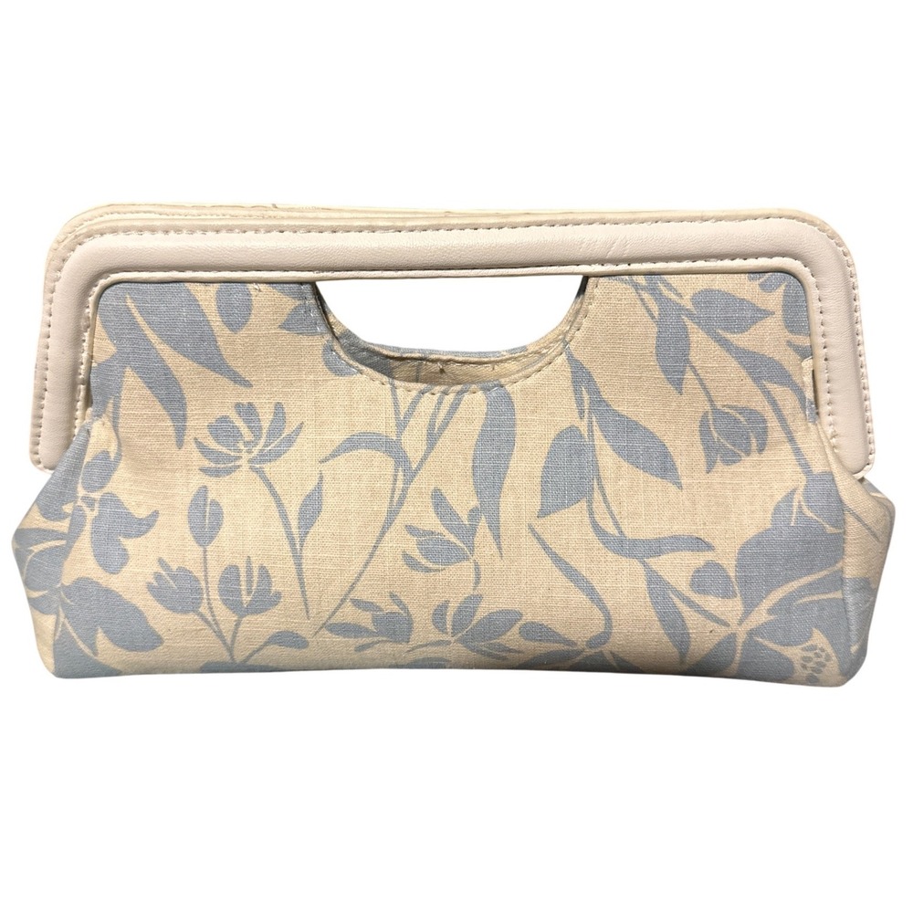 A New Day Floral Linen Clutch Handbag Blue Beige Integrated Handle Evening Bag